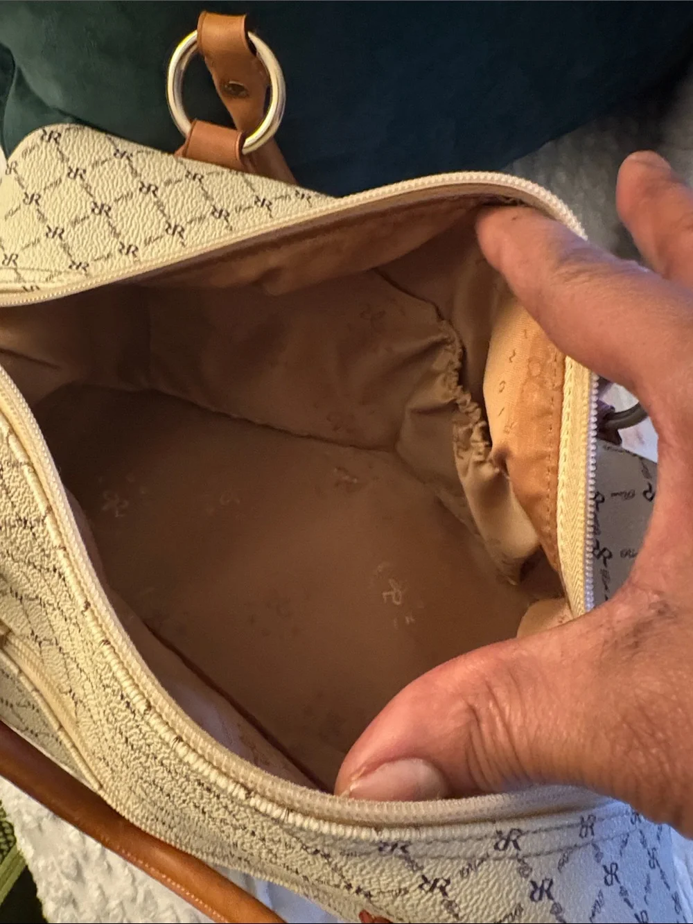 Rioni Beige Canvas Satchel with Tan Leather Trim